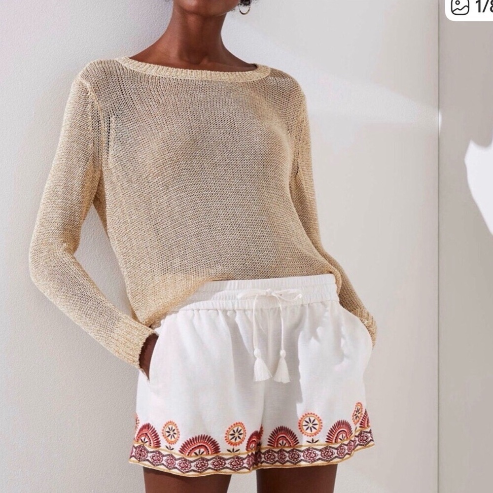 Loft Embroidered Linen Blend Drawstring Waist Boho Shorts | Size L